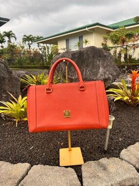 MCM Orange Saffiano Leather Satchel Crossbody Bag Gold Hardware
